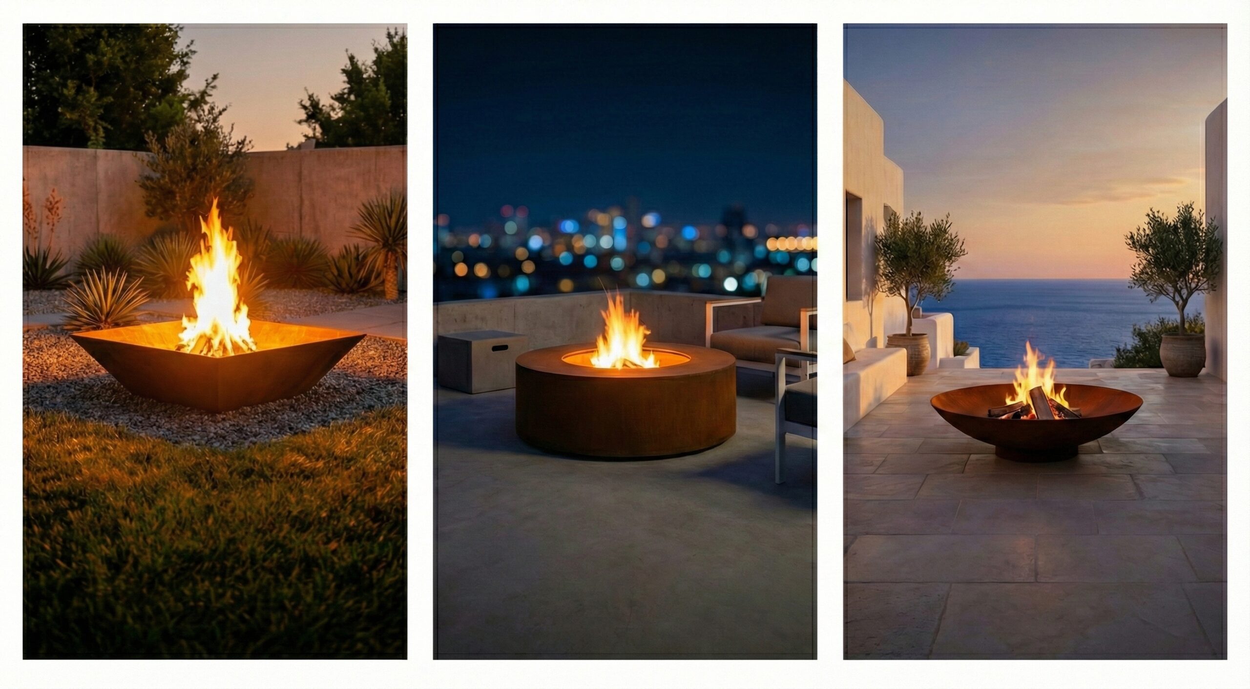 Banner de categoría con tres braseros de jardín de acero corten encendidos en distintos espacios exteriores: jardín moderno, terraza urbana en azotea y terraza mediterránea con vista al mar.