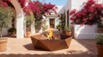 Hexagonal corten steel fire pit in Spanish courtyard garden with terracotta tiles