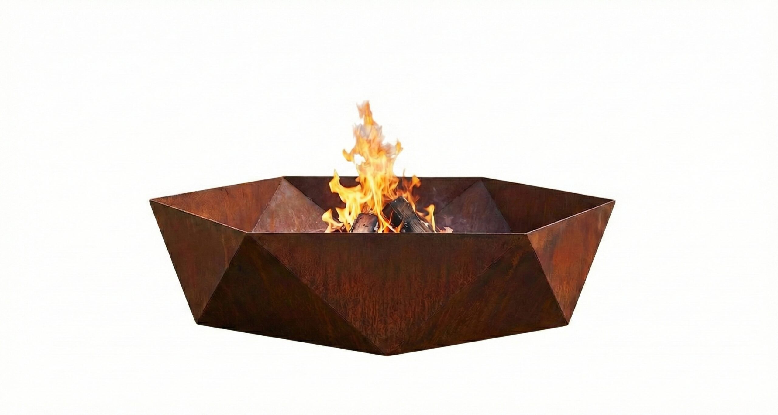Basalt HEX no background Modern hexagonal Corten steel fire pit with actively burning wood logs