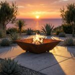 Low-profile Crystal Square fire pit at sunset in a coastal setting, emphasizing the warm rust patina of corten steel.