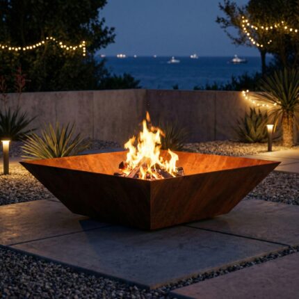 Crystal Square outdoor fire pit at night in a garden setting, creating a cozy atmosphere with fire and decorative string lighting.