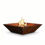 Corten Crystal Square outdoor fire pit on a white background, showing the geometric inverted pyramid shape and natural rust patina.