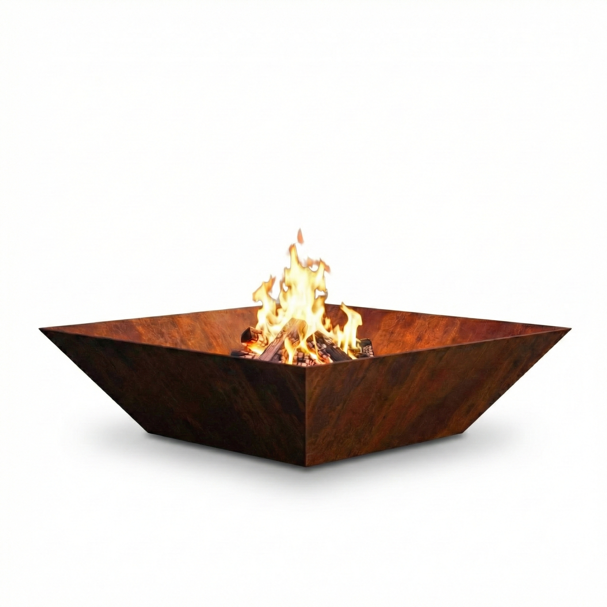 Crystal square no background Corten Crystal Square outdoor fire pit on a white background, showing the geometric inverted pyramid shape and natural rust patina.