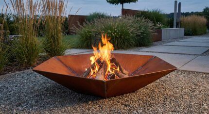 Corten steel hexagonal fire pit Diamond Hex burning wood in modern garden