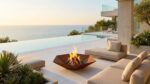 Corten steel hexagonal fire pit Diamond Hex burning wood on a modern terrace in Ibiza