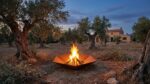 Corten steel hexagonal fire pit Diamond Hex burning wood in Spain olive garden