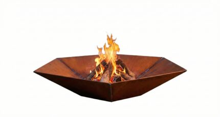 Isolated Corten steel hexagonal fire pit Diamond Hex on white background.
