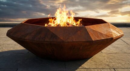 Massive Corten steel Diamond Octagon TOP fire pit with closed rim, placed on stone slabs against an open sky.