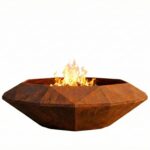Corten Diamond Octagon TOP outdoor fire pit with closed upper rim and burning fire, product photo on a white background showing octagonal diamond shape.