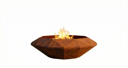 Corten Diamond Octagon TOP outdoor fire pit with closed upper rim and burning fire, product photo on a white background showing octagonal diamond shape.