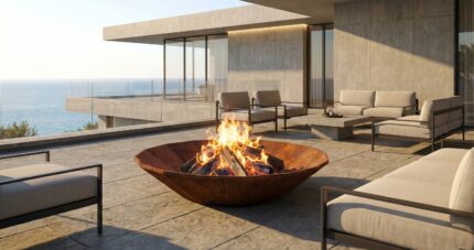 Modern minimalist terrace featuring concrete surfaces, glass railing, and a Corten Diamond Octagon outdoor fire pit.