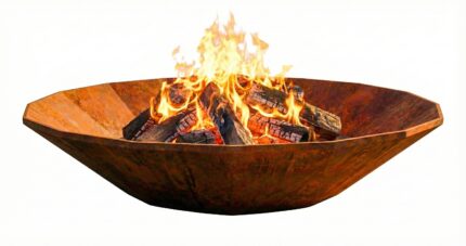Corten Diamond Octagon outdoor fire pit on a white background, showcasing its octagonal geometric shape and natural rust patina.