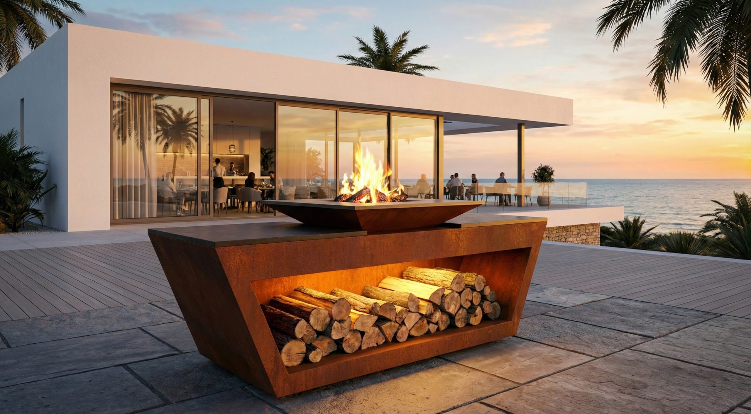 Large Corten steel outdoor kitchen island featuring a central fire pit and open log storage, situated on a sunny luxury terrace with a panoramic sea view.