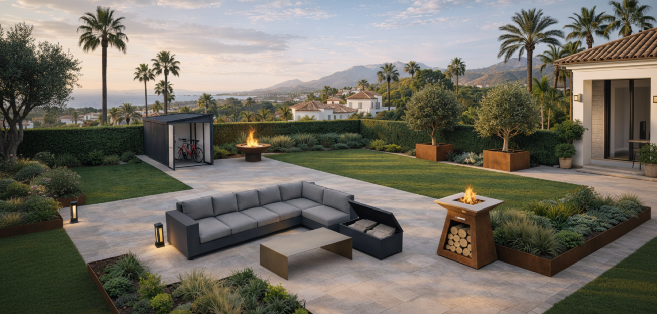 Modern luxury garden design featuring Urbicover outdoor furniture. A large grey corner sofa with a matching storage box is paired with a minimalist sheet metal coffee table on a stone patio. The landscape includes a modern bike shed, corten steel planters, and gas fire pits, all set against a lush garden with palm trees and a stunning sea and mountain view.