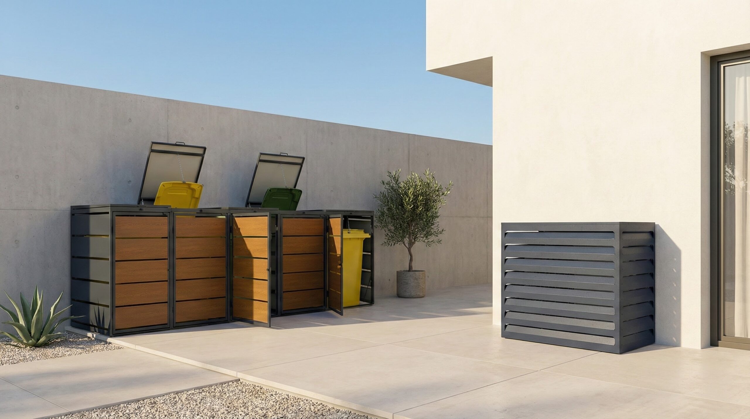 Modern anthracite and wood-effect modular bin enclosure next to a matching slatted anthracite air conditioner cover on a sunny contemporary patio.