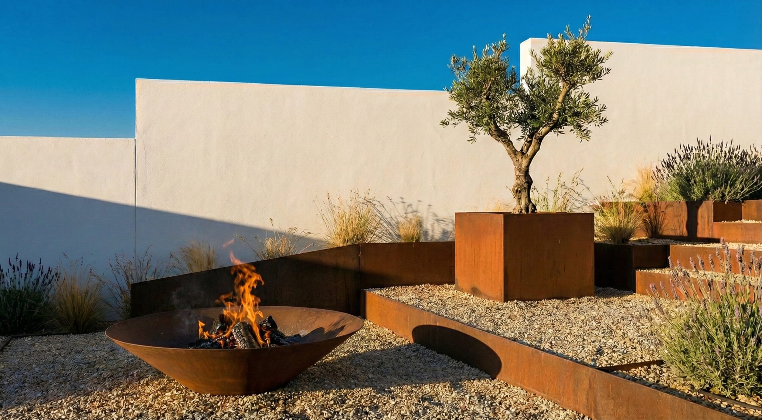 A modern terraced garden featuring a round Corten steel fire pit with burning logs and a large square Corten steel planter holding an olive tree. The landscape includes light gravel, ornamental grasses, and stepped rusted metal retaining walls against a stark white background wall under a clear blue sky